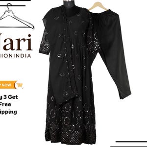 Black Embroidered Anarkali Gown with Pant & Dupatta: Georgette 3-Piece Set