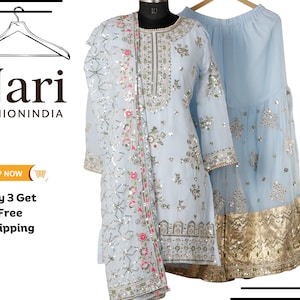 Embroidered Georgette Sharara Set: Indian Partywear Kurti with Dupatta