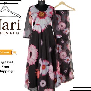 Black Embroidered Anarkali Gown with Dupatta: Ethnic Georgette Suit