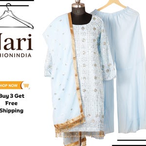 Embroidered Georgette Sharara Set: Indian Partywear Kurti with Dupatta