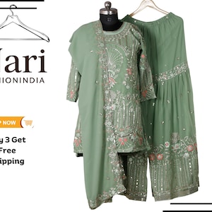 Green Embroidered Georgette Sharara Kurti: 3PC Wedding Outfit