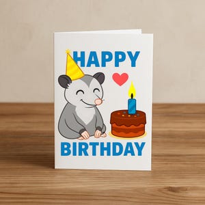 Cartão de aniversário infantil com gambá, Cartão de aniversário de animal para imprimir, Cartão de feliz aniversário alegre, Cartão de aniversário de animal, Criança, Download digital