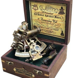 Vintage messing sextant in houten kist J Scott London nautisch maritiem decor antieke stijl navigatie-instrument | Cadeau voor verzamelaars