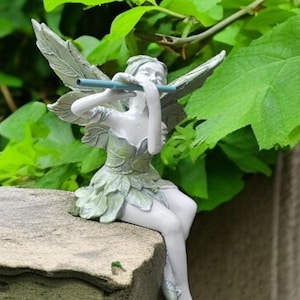 Flute-Playing Fairy Angel Statue – Outdoor Resin Sculpture for Garden, Lawn, Patio or Yard | Whimsical Angel Figurine Decor