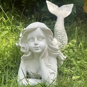 Estatua de resina de sirena para jardín – Decoración costera para exteriores (2 piezas)