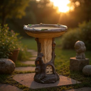 Whimsical Fairy Tree Bird Bath Feeder – Resin Garden Decor with Leaf Design, Outdoor Yard Ornament, Rustic Patio Birdbath Sculpture