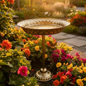 Vintage Gold Cast Iron Bird Bath: Hummingbird Garden Decor