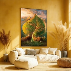 Surreal Leaf Waterfall Canvas, Nature Fantasy Wall Art, Green Landscape Painting, Whimsical Home Decor, Ready to Hang Canvas