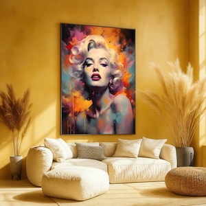 Vibrant Pop Art Celebrity Portrait Canvas, Colorful Marilyn Monroe Wall Art, Modern Home Decoration, Iconic Hollywood Glamour Print