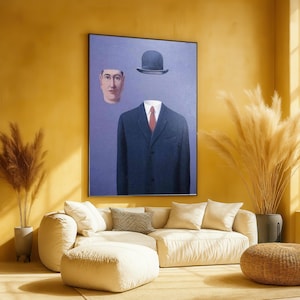 Surreal Headless Man with Floating Face and Bowler Hat Canvas, Modern Surrealism Wall Art, Unique Home Decoration, Mystery Art Print