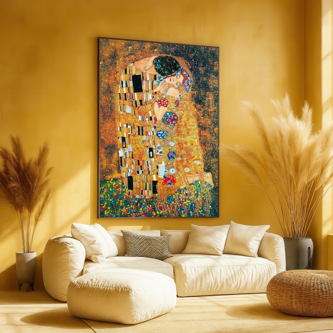 The Kiss by Klimt Canvas Wall Art, Romantic Golden Embrace Painting ...