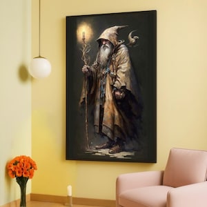 Mystical Wizard with Staff Canvas, Fantasy Wall Art, Magical Cloak Decoration, Enchanted Forest Scene, Sorcerer Home Decor