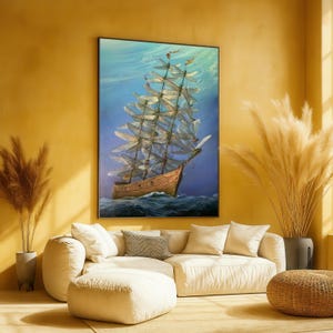 Lienzo decorativo con diseño de libélula y barco, decoración náutica de fantasía, pintura surrealista del océano, lienzo único, arte mural marítimo