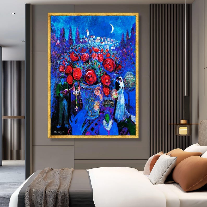 Marc Chagall Floral Bouquet Canvas, Vibrant Red Roses Wall Art, Night ...