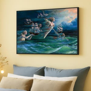 Lienzo de viaje fantástico al océano, obra de arte surrealista de veleros, arte mural de mujer marina mítica, decoración náutica para el hogar, impresión en lienzo de paisaje onírico