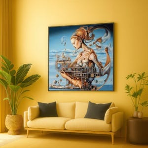 Surreal Fantasy Woman Canvas, Steampunk Art Design, Mechanical Dreamscape Wall Art, Futuristic Home Decoration, Unique Canvas Print