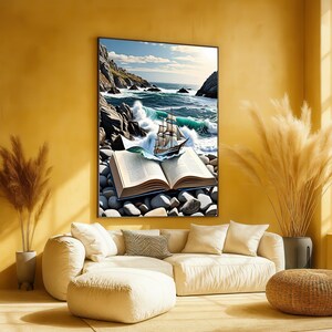 Aventura náutica surrealista, lienzo de libro abierto, velero con olas del océano, arte mural de paisaje marino fantástico, decoración costera para el hogar