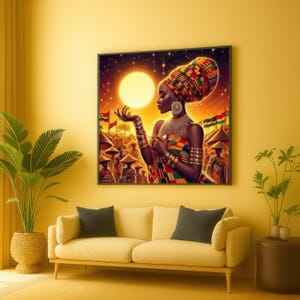 African Queen Canvas Wall Art, Kente Headwrap Portrait, Sunset Glow Artwork, Ethnic Culture Decoration, Vibrant Home Wall Art