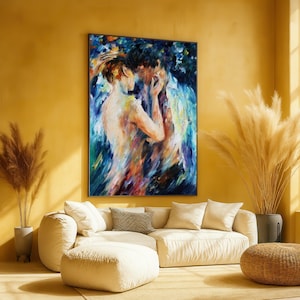 Romantic Embrace Painting, Abstract Lovers Canvas, Modern Couple Wall Art, Colorful Expressionist Art, Intimate Home Decoration