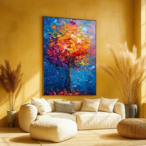 Vibrant Autumn Tree Canvas Wall Art, Colorful Impasto Texture Painting, Modern Nature Artwork, Bold Fall Foliage Decoration, Ready to Hang