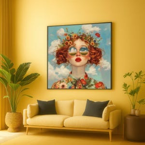 Wunderliche Blumenkronen-Porträt-Leinwand, bunte Frauenwandkunst, moderne dekorative Leinwand, lebendige Wohnkulturmalerei, fertig zum Aufhängen