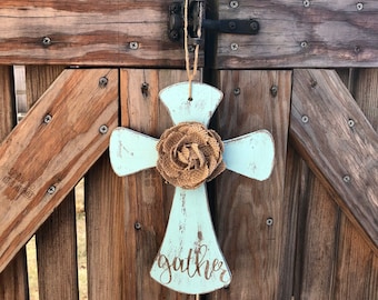 Shabby Chic cross, hanging wood cross, LOVE, cross sign, home decor, painted cross, wall cross, burlap flower cross