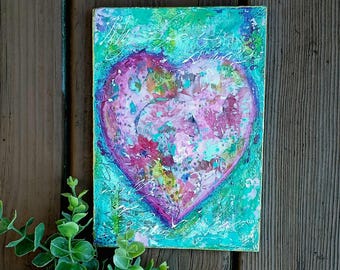 Love art, mixed media heart, heart art, painted wood heart, wood heart wall art, wood heart plaque, home decor