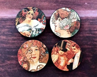 Vintage Steampunk Women Recycled Poker Chip Magnets Set of 4 Handmade