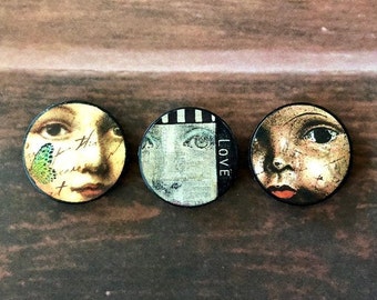 Poker Chip Magnets Mixed Media Faces Set of 3 Handmade