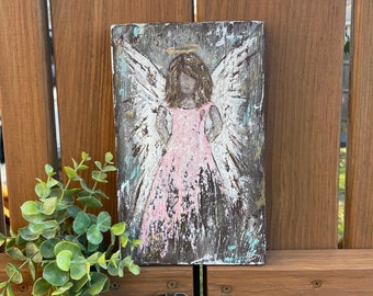 Angel art painting on wood, rustic angel farmhouse hand painted abstract wall decor