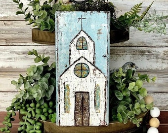 Church Art, Farmhouse Decor, Church Painting, Painted Church, Church Wood Block, Home Decor, Wood Church
