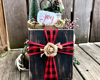 Red and black buffalo ribbon cross on wood, Christmas wall art, country decoration, wall decor