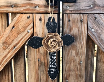 BLESSED, hanging wood cross, cross sign, home decor, farmhouse, painted cross, wall cross, burlap flower cross