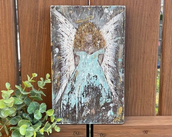 Painted Angel on wood, rustic angel farmhouse hand painted abstract wall decor, compassion