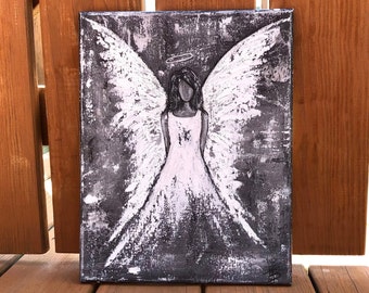 Angel Painting, Angel Wall Art, Back and White Angel, Original Art, Guardian Angel, Painted Angel, Home Decor, Wall Decor, Spiritual, Grief