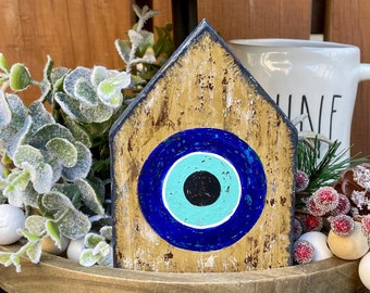 Evil Eye wood block house, home protection, double sided, all seeing eye, Greek, home decor, painted evil eye, eye painting, blue eye, gift