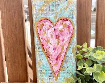 Abstract heart, Valentines day, heart painting, mixed media heart, heart art, painting on wood, wood block heart