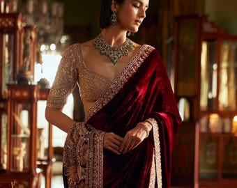 Velvet Net Saree with Sequins Embroidery | Designer Party Wear, Wedding Reception (Unstitched Blouse)