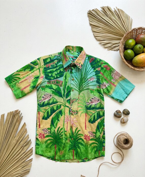 Handcrafted Tropical Print Cotton Shirt – Green Palm & Nature Art Design • Lightweight Summer Shirt