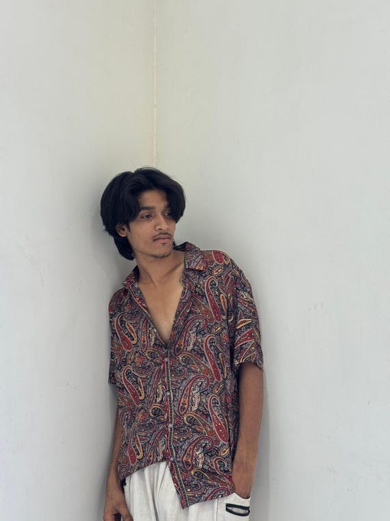 Brown Paisley Silk Shirt Unisex | Handmade Silk Button Down | Boho Vintage Festival Wear top