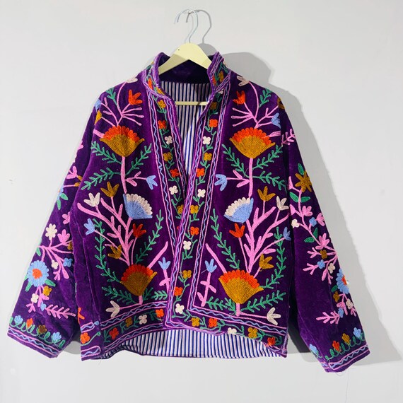 Hand Embroidered Velvet Suzani Jacket Women | Boho Floral Suzani Coat | Colorful Festival Ethnic Outerwear