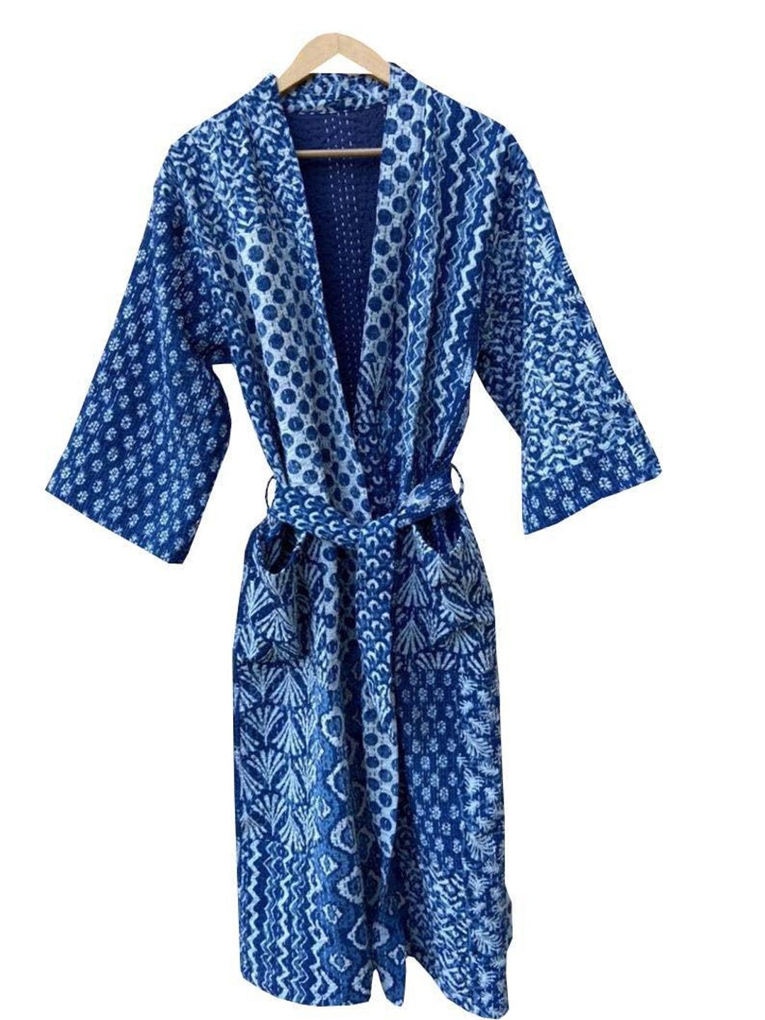 Hand Made Robe Handmade Indigo Kantha Kimono Robe. Sustainable Vintage Cotton ...