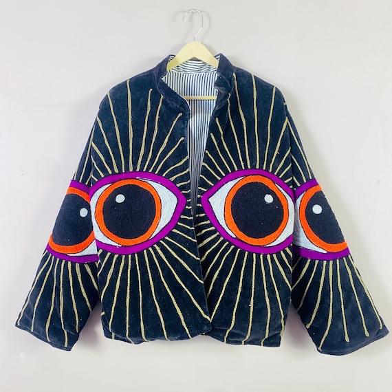 Eye Embroidery Suzani Jacket | Handmade Velvet Jacket | Halloween | Black Boho Style