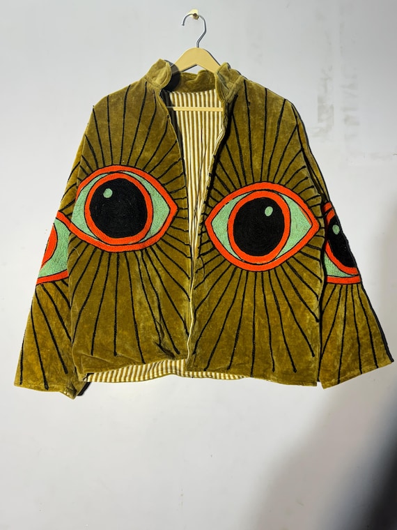 Olive Green Velvet Eye Jacket - Celestial Embroidered Kimono - Moss Boho Statement Coat - Psychedelic