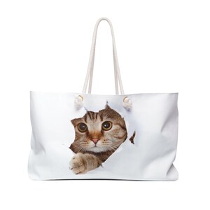 かわいい猫のウィークエンダーバッグ、ペット愛好家のための旅行用トートバッグ、スタイリッシュなキャリーオール、猫ママ旅行用バッグ、猫好きへのギフト、週末のお出かけ用バッグ、