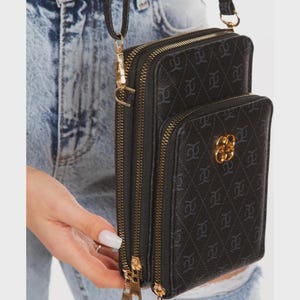 Women's Black Patterned Phone Compartment Card Holder Wallet and Shoulder Bag