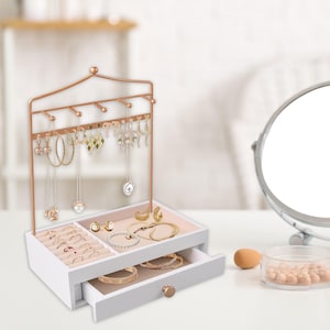 Jewelry Organizer Stand | Necklace Holder with 5 Hooks, Earring Organizer Ring holder, Drawer Storage, Jewelry Holder- Bracelet Holder Stand