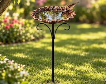 Small Stone-Textured Metal Bird Bath for Garden –  Adjustable Height Bird Bath Stand with 5 Ground Stakes | Outdoor Bird Feeder, Yard Decor