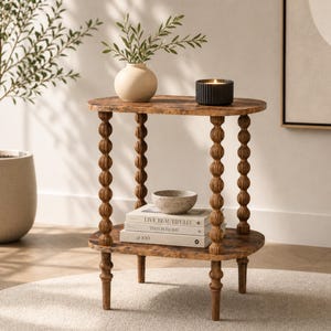 May include: A two-tiered, oval-shaped wooden side table with turned legs. The table is stained a warm brown and features a vase with greenery, a black candle, a bowl, and books. The table is a decorative accent piece.