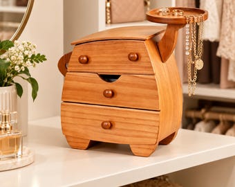 Wooden Jewelry Box | Jewelry Organizer With 3 Drawers, Detachable Tray & Bracelet Hanger, Compact Solid Wood Storage